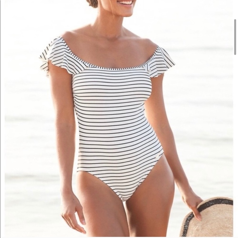 Vince Camuto striped, off the shoulder swimsuit